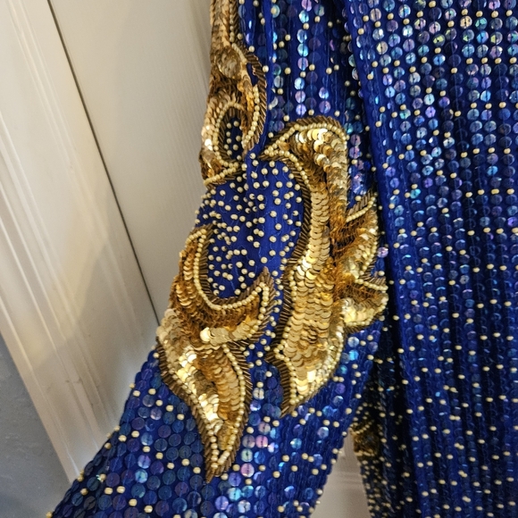 Vintage DejaVu 100% Silk Fully Beaded & Sequined Navy & Gold Size Large - Picture 2 of 7